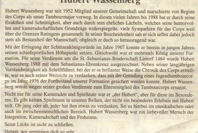 Nachruf Hubert Wassenberg, Ratingen-Lintorf