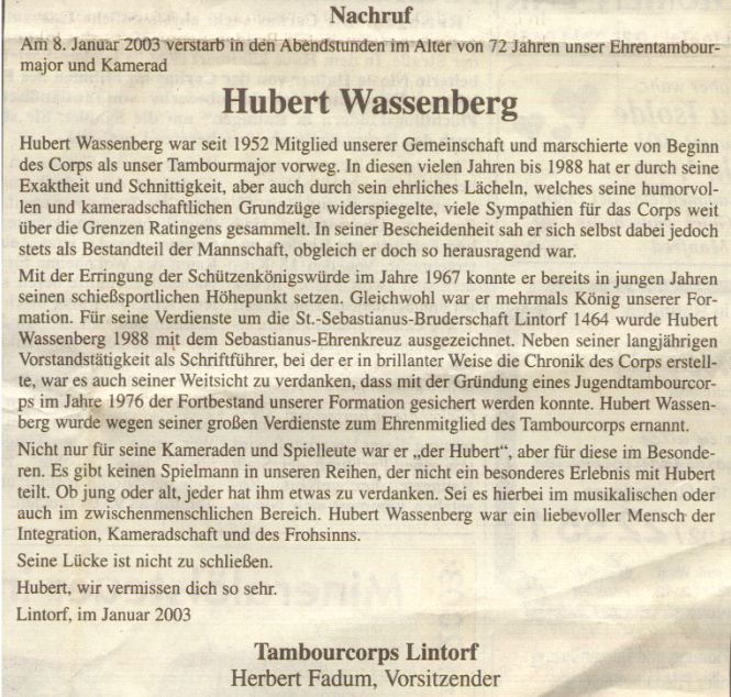 Nachruf Hubert Wassenberg, Ratingen-Lintorf