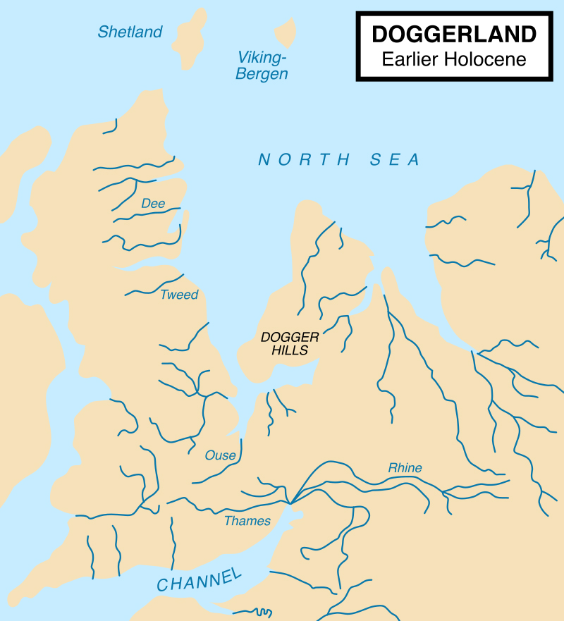 Kartenskizze mit Doggerland im frühen Holozän - Karte: Max Naylor - Eigenes Werk, CC BY-SA 3.0, https://commons.wikimedia.org/w/index.php?curid=6011686