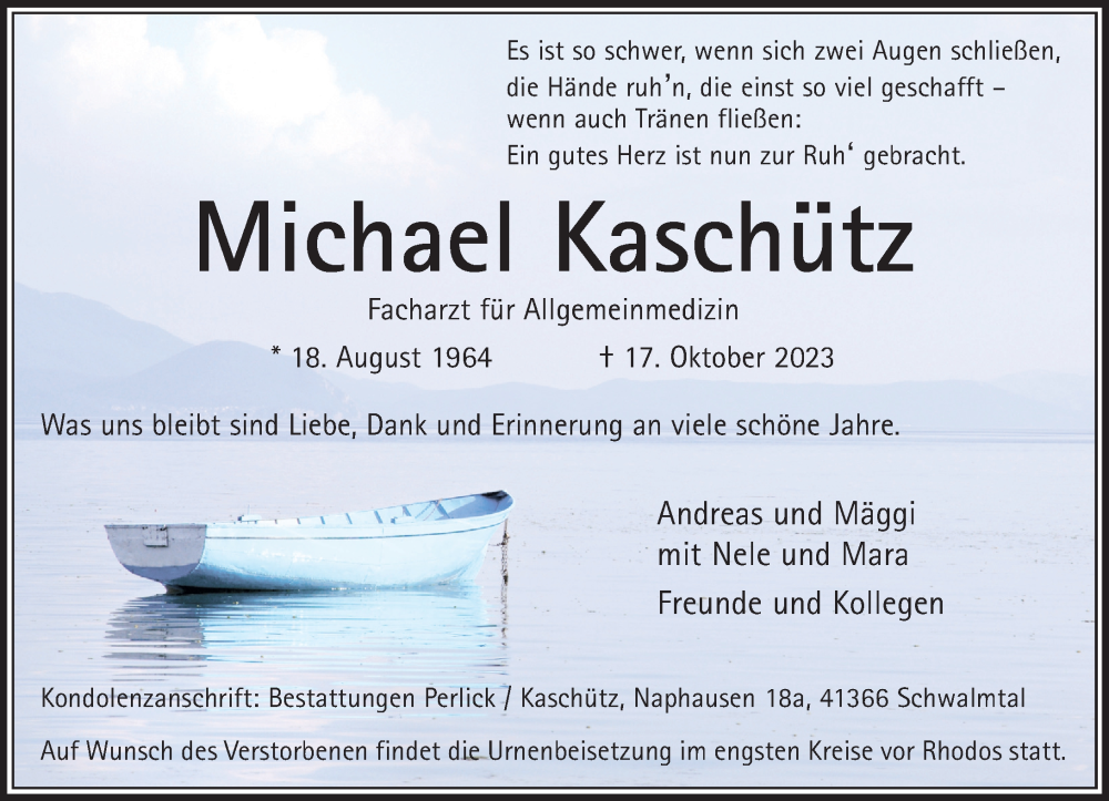 Todesanzeige Dr. Michael Kasch&uuml;tz (18. August 1964 - 17. Oktober 2023)