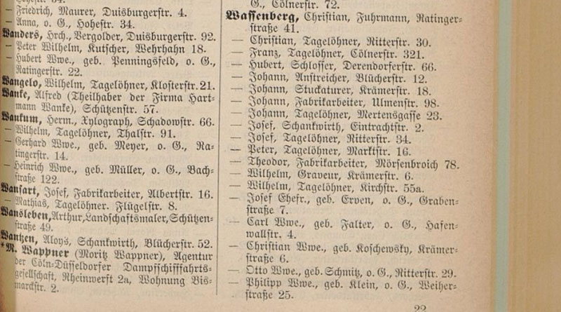 Wassenberg-Namensträger im Düsseldorfer Adressbuch 1891