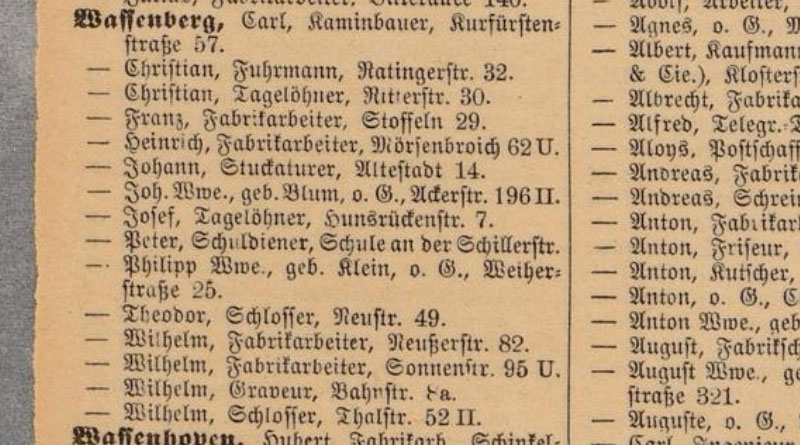 Wassenberg-Namensträger im Düsseldorfer Adressbuch 1900