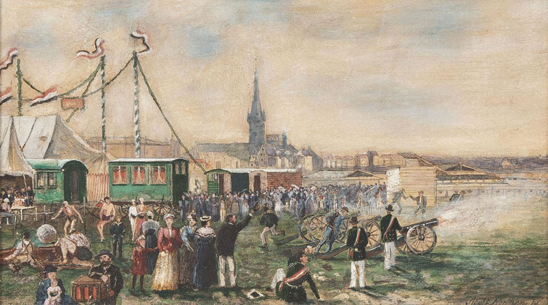 Kirmes in Düsseldorf, Adolph Northen, 1874, Darstellung der Kirmes auf der Golzheimer Insel - Bild: Von Adolph Northen (1828-1876) - Hargesheimer & Gunther, Kunstauktionen via ARCADJA auction results, Gemeinfrei, https://commons.wikimedia.org/w/index.php?curid=22863091