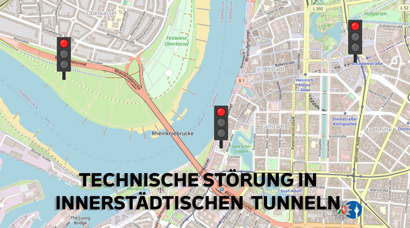 Technische Störung in Rheinufertunnel, Rheinalleetunnel und Kö-Bogen-Tunnel. Bild: Polizei Düsseldorf