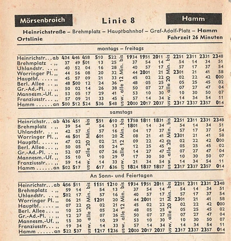 Fahrplan der Linie 8 um 1967