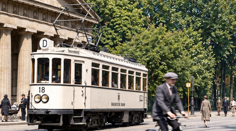 Triebwagen 18 der Linie D um 1930 am Ratinger Tor auf dem Weg von Duisburg zum Graf-Adolf-Platz - Quelle: Rheinbahn