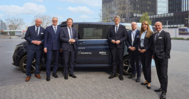 Pilotbetrieb für fahrerlose Shuttles im öffentlichen Straßenverkehr am Flughafen: Fototermin vor dem MIRA-Fahrzeug: (von links): Malte Seifert (Messe Düsseldorf, Director XPONENTIAL Europe), Wolfram N. Diener (Messe Düsseldorf, Vorsitzender der Geschäftsführung), Oberbürgermeister Dr. Stephan Keller, Bundesverkehrsminister Patrick Schnieder, Win Neidlinger (Geschäftsführer/CEO MIRA), Annette Grabbe (Vorständin Rheinbahn), Bernd Jablonowski (Messe Düsseldorf, Executive Director Trade Fairs).