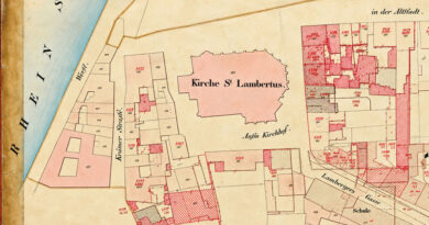 Denkmal des Monats Oktober 2026: Der Mittelalterliche Altstadtkern um St. Lambertus - Ausschnitt aus der Urkarte der Altstadt von 1829 - Copyright: Landeshauptstadt Düsseldorf/Vermessungs- und Katasteramt