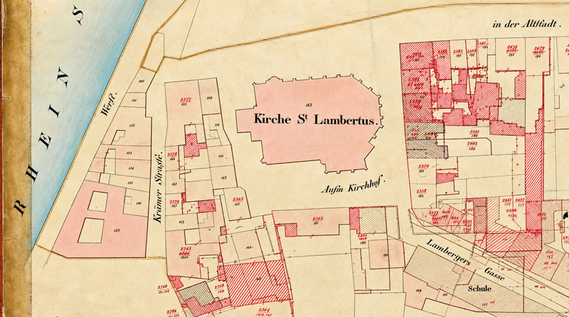 Denkmal des Monats Oktober 2026: Der Mittelalterliche Altstadtkern um St. Lambertus - Ausschnitt aus der Urkarte der Altstadt von 1829 - Copyright: Landeshauptstadt Düsseldorf/Vermessungs- und Katasteramt
